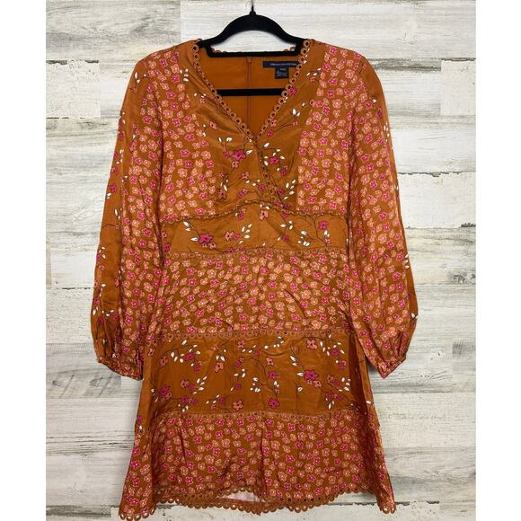 French Connection women 2 bronze boho Daisy Petals Tiered dress lightweight lace - Picture 2 of 7